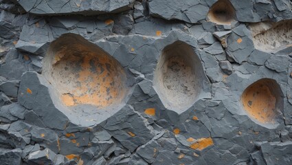 Poster - Geological rocky wall texture featuring rough surface, inclusions, and inhomogeneities in shades of gray and orange symbolizing natural formations.