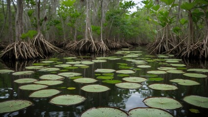 Aufkleber - Serene mangrove swamp scene showcasing small floating leaves on water amidst lush greenery and exposed tree roots in Gambia.