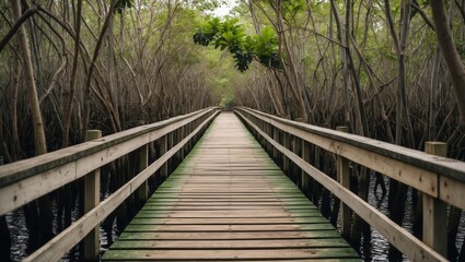 Poster - Serene Wooden Bridge Pathway Through Lush Mangrove Forest Ideal for Nature Themes and Text Overlays