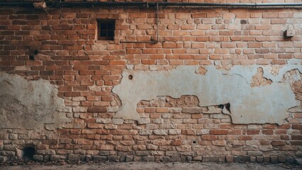 Poster - Textured brick wall with peeling paint and exposed bricks suitable for backgrounds in design and photography projects.