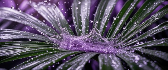 Poster - Water droplets splashing on a large green palm leaf with a vibrant purple background creating a serene and refreshing atmosphere.