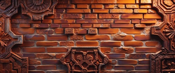 Poster - Elegant red and orange textured brick wall with ornate details for architectural and interior design backgrounds.