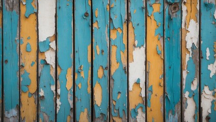 Poster - Weathered wooden background with distressed paint in blue and yellow tones, ideal for rustic or vintage design projects.