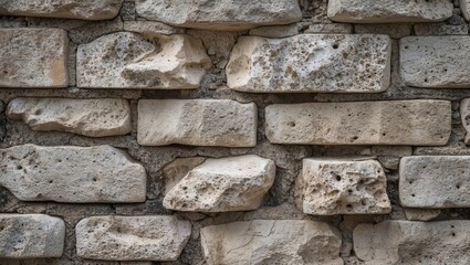 Poster - Close-up view of a weathered stone wall showcasing rough textures and natural imperfections for architectural and design themes.