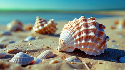 Poster - Seashells scattered on a sandy beach with gentle waves in the background under soft sunlight capturing a tranquil coastal scene