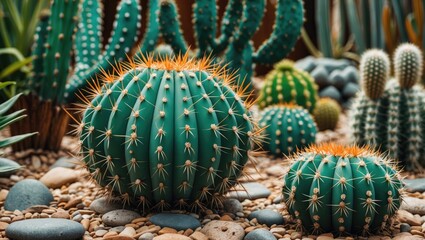 Poster - Vibrant Round Cactus Surrounded by Varied Greenery and Pebbles in a Garden Setting with Clear Space for Text Overlay
