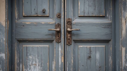 Poster - Weathered grey wooden door with peeling paint rustic texture and details showcasing vintage appeal and character
