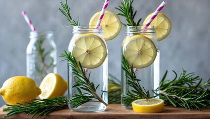 Poster - Refreshing Lemon and Rosemary Infused Water in Glass Bottles with Straws and Fresh Ingredients on Wooden Table