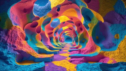 Fototapete - Vibrant color tunnel abstract background with dynamic patterns and textures creating a whimsical and imaginative visual experience.