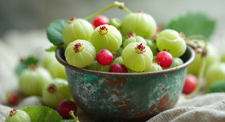 Aufkleber - Fresh organic gooseberries and red berries in a rustic metal cup with soft-focus background showcasing vibrant colors and natural appeal.