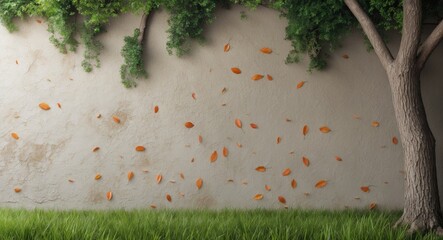 Poster - Textured wall with grass and tree, featuring falling leaves and empty space for text, ideal for nature-themed backgrounds or designs.