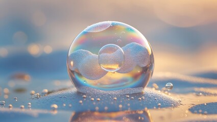 Aufkleber - Vibrant single soap bubble resting on a surface with a soft background of colors and textures reflecting light and bubbles.