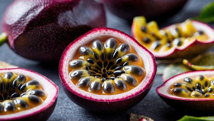 Aufkleber - Closeup of a halved passion fruit showcasing its vibrant yellow pulp and black seeds with whole fruits and peel in the background.