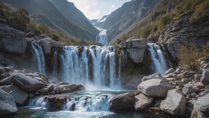 Poster - Majestic waterfalls cascading between rugged mountains and rocks surrounded by lush greenery under a clear blue sky.