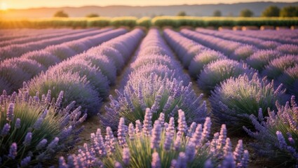 Poster - Lavender Flower Fields at Sunrise with Colorful Blooms and Fresh Air Perfect for Scenic Background or Copy Space for Text