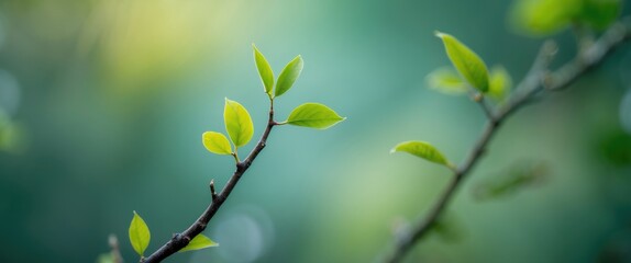 Aufkleber - Vibrant Green Twig with Fresh Leaves in Selective Focus Against a Dreamy Blurred Background Ideal for Nature or Wellness Themes