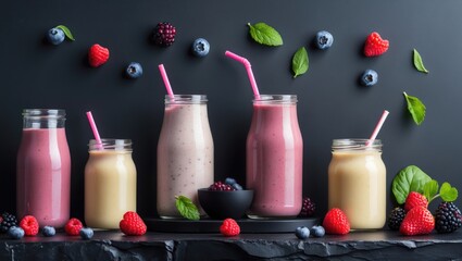 Poster - Assorted Smoothies in Jars with Fresh Berries on a Dark Background Healthy Vegan Diet Refreshing Beverage Concept with Copy Space