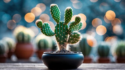 Poster - Vibrant Sand Dollar Cactus in a black pot with bokeh background showcasing the beauty of succulent plants in a cozy setting.