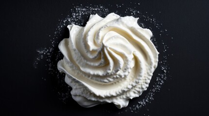 Poster - Whipped cream swirl on black background with fine texture detail top view for culinary and dessert presentations.