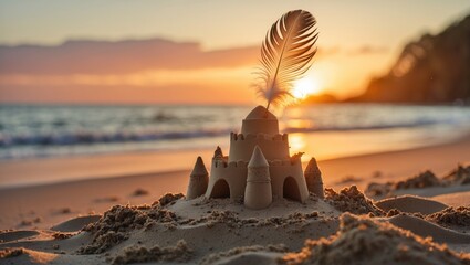 Aufkleber - Serene Sunset Beach Scene Featuring A Unique Sandcastle Adorned With A Feather Against Golden Hues And Tranquil Ocean Waves