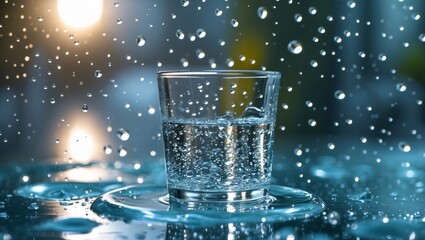 Poster - Clear glass filled with water surrounded by splashing droplets on a reflective surface creating a calming background image.