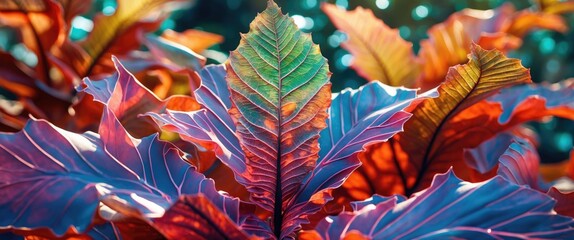 Aufkleber - Vibrant close-up of colorful skeleton leaves with intricate patterns and textures in a softly blurred natural background.