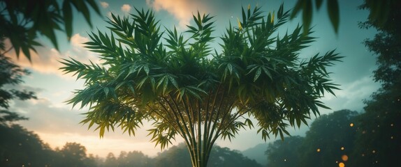 Poster - Lush bamboo tree with vibrant green leaves bathed in soft light against a serene landscape creating a tranquil natural atmosphere.