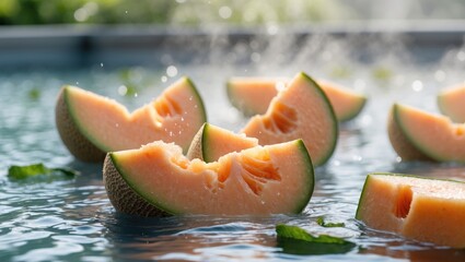 Aufkleber - Sliced Cantaloupe Chunks Floating in Refreshing Water with Mint Leaves and Copy Space for Text in a Bright Atmosphere
