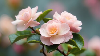 Fototapete - Delicate pale pink camellia flowers with lush green leaves and a soft blurred background ideal for nature-themed designs and copy space.