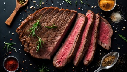 Aufkleber - Sliced Rare Striploin Beef Steak on Black Background with Fresh Spices and Herbs Top View Culinary Presentation