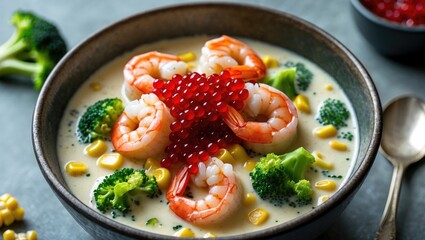 Aufkleber - Delicious broccoli cream soup topped with succulent shrimp, vibrant red caviar, and sweet corn for a gourmet culinary experience.