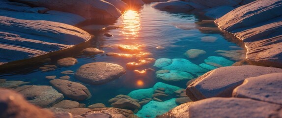 Poster - serene morning light reflecting on rockpools surrounded by smooth stones in a coastal landscape idea