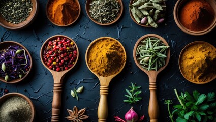 Poster - Colorful assortment of Indian spices and herbs arranged in wooden spoons on a textured black background showcasing culinary diversity.