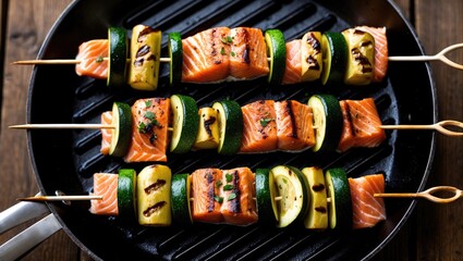 Poster - Grilled Salmon and Zucchini Skewers on a Grill Pan Beautifully Arranged Over a Rustic Wooden Background