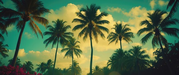 Aufkleber - tropical palm tree silhouettes against a vibrant sunset sky with scattered clouds and green foliage in the foreground