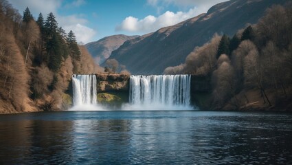 Poster - Majestic waterfall cascading into a tranquil lake surrounded by serene mountains and bare trees under a clear blue sky.