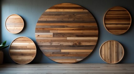 Poster - Tropical wood round wall art with overlapping design creating a modern aesthetic in an interior space showcasing natural textures and colors.