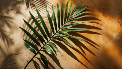 Aufkleber - Palm Leaf Shadow Casting on Earthy Textured Background in Warm Tones