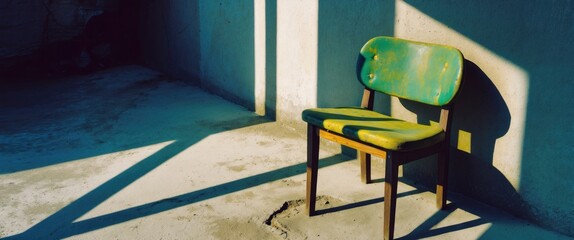 Aufkleber - Sunlight casting shadows on an abandoned cement chair highlighting textures and vibrant colors in an urban setting.