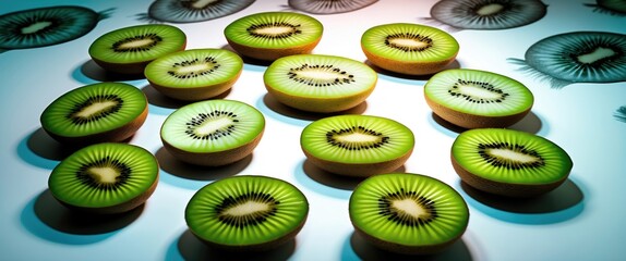 Aufkleber - Sliced kiwi fruit arranged in a vibrant pattern with backlighting on a white background showcasing fresh textures and colors.