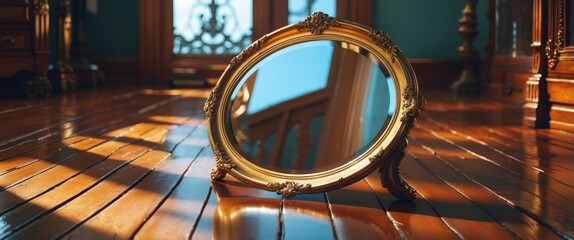 Aufkleber - Elegant vintage mirror reflecting light on polished wooden floor in a nostalgic, beautifully lit interior setting.