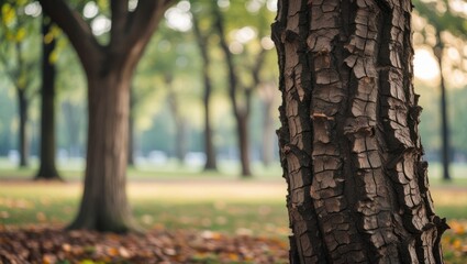 Aufkleber - Textured tree bark in a serene park setting with blurred trees in the background creating a peaceful, natural atmosphere.