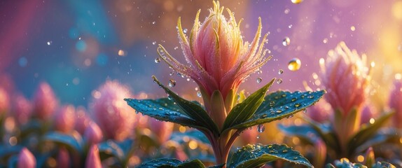 Aufkleber - Vibrant Tragopogon dubius flower with water droplets against a colorful background showcasing nature's beauty and detail.