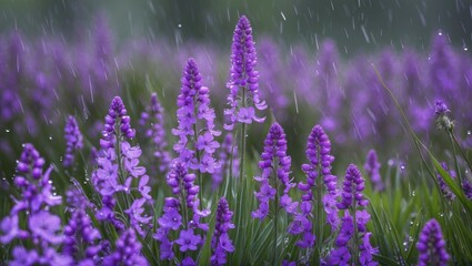 Poster - Vibrant Purple Flowers Emerging After Rain with Soft Focus and Space for Text Overlay in a Refreshing Natural Setting