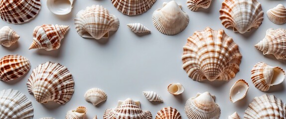 Aufkleber - Variety of Seashells on White Background with Ample Copy Space for Text Display and Marine Theme Design Elements