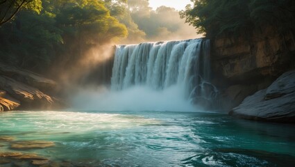 Poster - Majestic waterfall cascading over rocks surrounded by lush greenery and mist reflecting the serene beauty of nature at sunrise