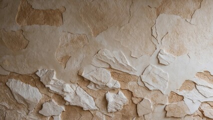 Poster - Natural stone wall texture with layered, rough surfaces in beige and cream tones suitable for interior design and architectural applications