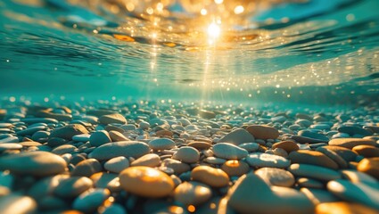 Aufkleber - Sunlight shimmering on a pebble seabed creating a tranquil underwater scene with clear turquoise water and soft highlights.