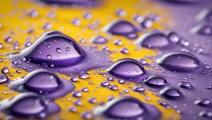 Poster - Closeup of vivid water droplets on a vibrant yellow and purple surface showcasing texture and color contrast in a natural setting.