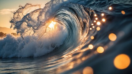 Poster - captivating wave illuminated by sunlight creating sparkling water spots at sunset for a serene ocean
